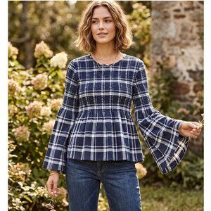 Caslon Plaid Smocked Peplum Top, Navy & White, Womens Size XS